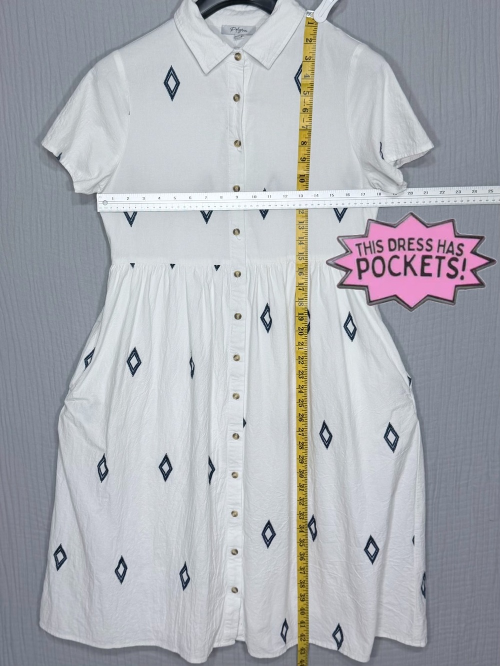Polagram | White Embroidered Button Front | 100% Cotton | Shirt Dress | Medium - Picture 4 of 7